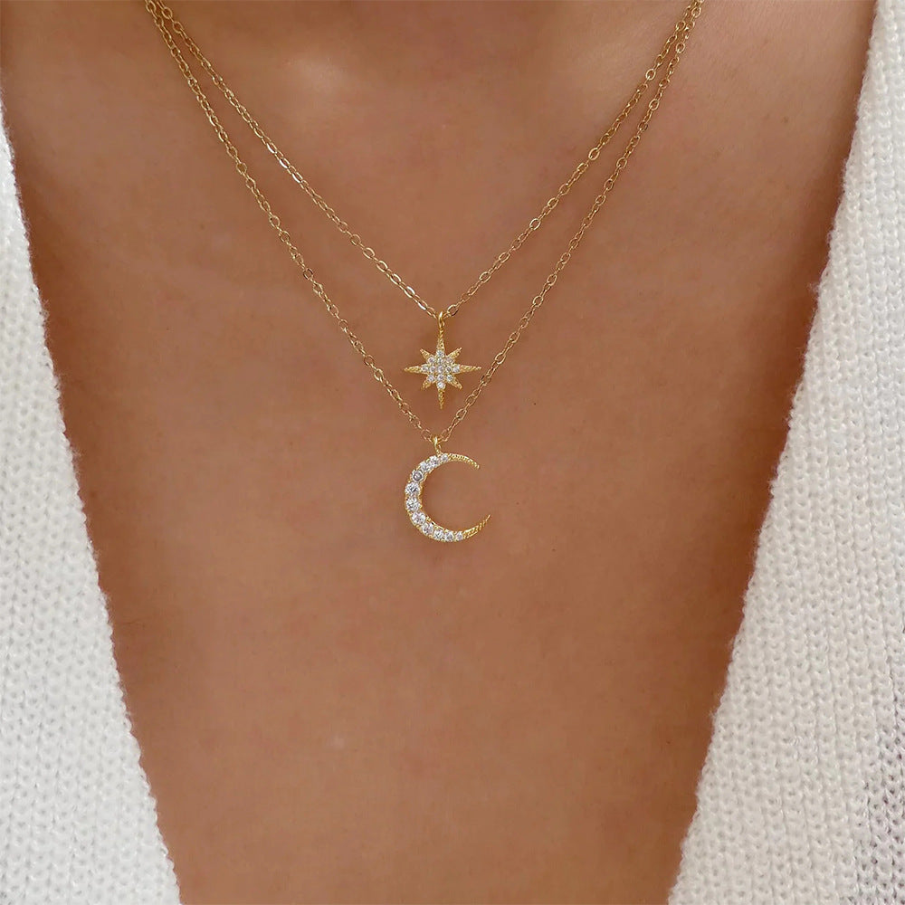 Star & Moon Double Layer Necklace, view 3