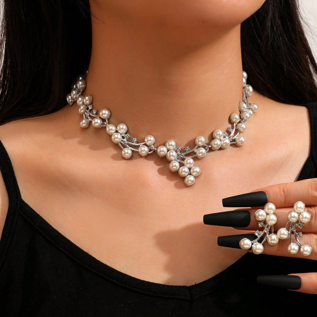Imitation Pearl Necklace & Earrings Set, view 3